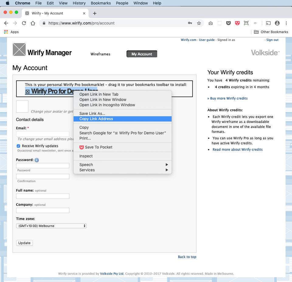 Install Wirify Pro bookmarklet on Chrome – Step 1