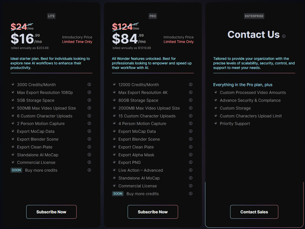 Wonder Studio pricing