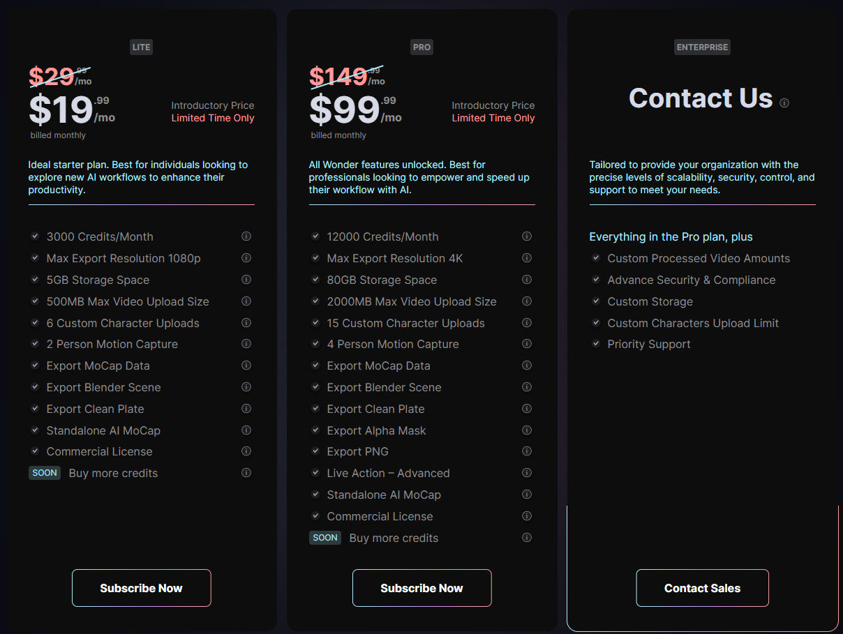 Wonder Studio pricing