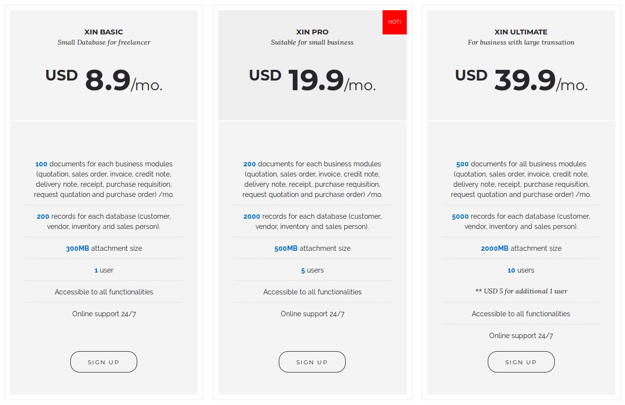 xin-invoice-365 pricing