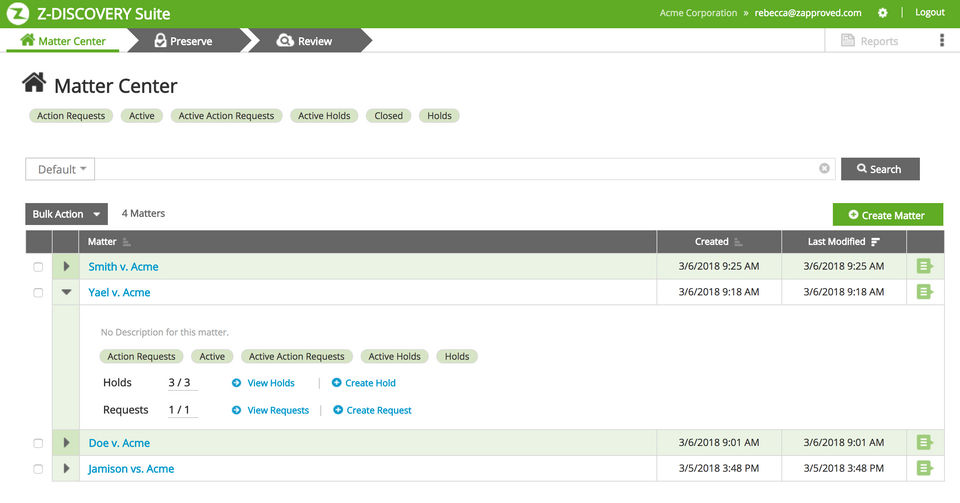 Z-Discovery screenshot: Manage litigation matters in a secure, online system. -thumb