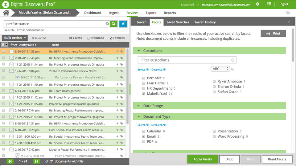 Z-Discovery screenshot: Digital Discovery Pro includes powerful search filters and facets that make it easy to quickly cull data sets and find documents of interest. -thumb