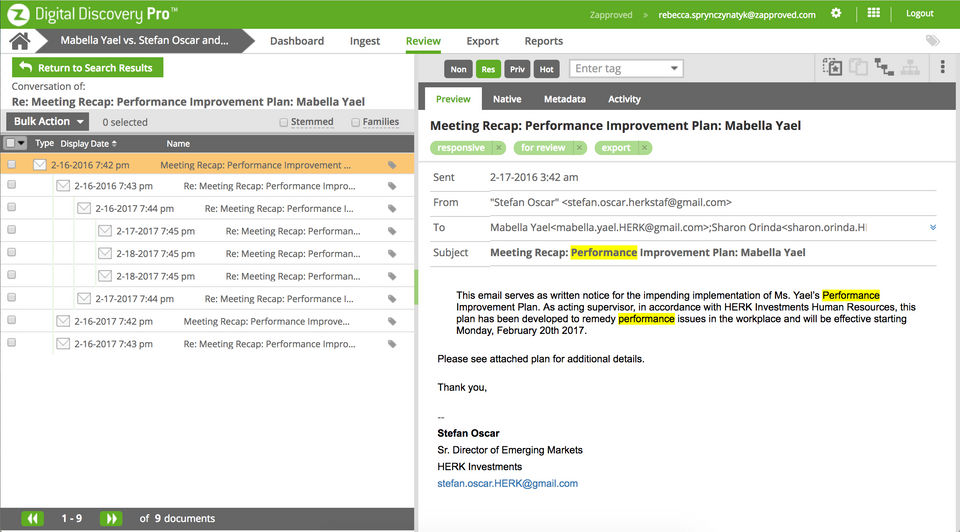 Z-Discovery screenshot: Use the email threading view in Digital Discovery Pro to recreate conversations and streamline the review process. -thumb