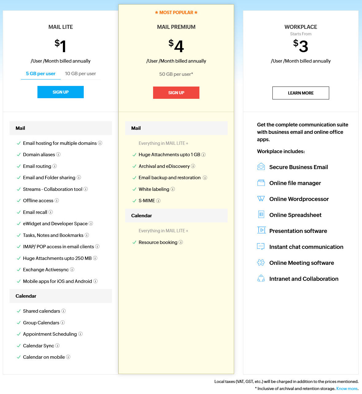 Zoho Mail pricing